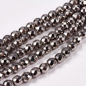 Electroplate Non-magnetic Synthetic Hematite Beads Strands, Faceted, Round, Grade A, Silver Plated, 4mm, Hole: 1mm, about 100pcs/strand, 16 inch