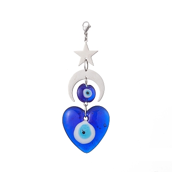 Handmade Evil Eye Lampwork Pendants Decorations, 201 Stainless Steel Moon Star and Lobster Claw Clasps Charms, Heart, 101mm