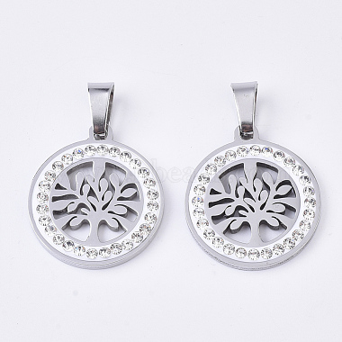 Stainless Steel Color Flat Round Stainless Steel+Rhinestone Pendants