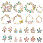 30Pcs 15 Styles Rack Plating Alloy Enamel Pendants, with Rhinestone, Golden, Wreath & Flower Charm, Mixed Color, 12.5~29.7x10~28.4x2~4.5mm, Hole: 1.2~2mm, 2pcs/style(FIND-SC0021-88)