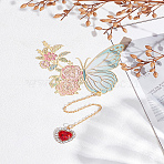 1Pc Iron & Alloy & Rhinestone Bookmarks with Long Chain, Butterfly Flower Bookmark with Heart Charm, Golden, 172mm(AJEW-LP0004-26)