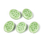 Handmade Porcelain Ceramic Beads, Oval with Flower Pattern, Bright Glazed Porcelain, Dark Sea Green, 17.5x14x6mm, Hole: 2mm(PORC-T134-21A)