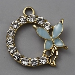 Alloy Enamel Pendants, with Rhinestone, Flat Round with Butterfly Charm, Light Gold, Aqua, 22x20x3mm, Hole: 2mm(PALLOY-WH0112-03KCG-05)