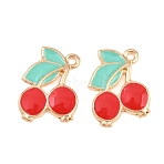 Alloy Enamel Pendants, Cherry Charms, Light Gold, Red, 20x15x2mm, Hole: 1.6mm(FIND-C093-07)