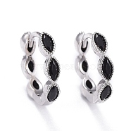 Brass Micro Pave Cubic Zirconia Huggie Hoop Earrings, Long-Lasting Plated, Horse Eye, Black, Real Platinum Plated, 13.5x15.5x3mm, Pin: 0.8mm(EJEW-K083-34P-A)
