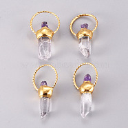 Natural Gemstone Pointed Pendants, Natural Amethyst & Quartz Crystal, with Brass Loop, Prismatic, Golden, 39~53x21~22x9~11mm, Hole: 18~19mm(G-D0016-03G)