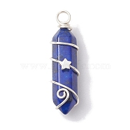 Natural Lapis Lazuli Double Terminal Pointed Pendants, Faceted Bullet Charms with Star Copper Wire Wrapped, Silver, 36~37x10~10.5x11mm, Hole: 3.5mm(PALLOY-JF02673-04)
