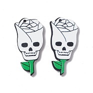 Halloween Printed Acrylic Pendants, Rose with Skull Pattern, White, 44.5x21x3mm, Hole: 2mm(SACR-G023-A01-B)