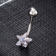 Piercing Jewelry, Brass Cubic Zirciona Navel Ring, Belly Rings, with Stainless Steel Findings, Lead Free & Cadmium Free, Star, Clear, 20mm, Star: 8mm; Pin: 1.5mm(AJEW-EE0006-50A)
