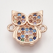 Brass Micro Pave Cubic Zirconia Links, Owl, Colorful, Rose Gold, 13x13x2mm, Hole: 1mm(ZIRC-T006-61RG)