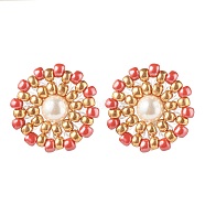 Shell Pearl & Glass Seed Braided Flower Stud Earrings, Golden 304 Stainless Steel Wire Wrap Jewelry for Women, Red, 19mm, Pin: 0.7mm(EJEW-JE04921-03)