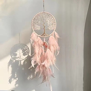 Natural Rose Quartz Chip Flat Round with Tree of Life Pendant Decorations, Woven Net/Web with Feather for Home Bedroom Hanging Decorations, 700mm(PW-WGFE0EA-01)