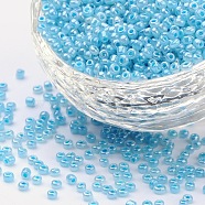 (Repacking Service Available) Glass Seed Beads, Ceylon, Round, Pale Turquoise, 12/0, 2mm, Hole: 1mm, about 12g/bag(SEED-C020-2mm-143)