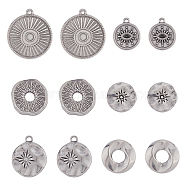 DIY Jewelry Making Finding Kit, Including 36Pcs 6 Style 304 Stainless Steel Pendants & Settings & Beads, Flat Round with Sun & Eye & Sunflower, Stainless Steel Color, 14~28x13~25x1.5~4mm, Hole: 1.2~6mm, 6Pcs/style(STAS-DC0014-19)