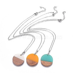 Flat Round Resin & Wood Pendant Necklaces, with 304 Stainless Steel Cable Chains and 304 Stainless Steel  Lobster Claw Clasps, Packing Box, Mixed Color, 17.1 inch(43.5cm)(NJEW-JN02324-M)
