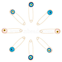 8Pcs 4 Colors Alloy & Glass Safety Pins, Evil Eye, Mixed Color, 37.5x10x5.5mm, 2pcs/color(AJEW-AR0001-62)