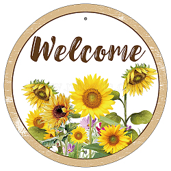 Vintage Metal Tin Sign, Iron Wall Decor for Bars, Restaurants, Cafes Pubs, Flat Round, Colorful, Word Welcome, Sunflower Pattern, 300x300x0.3mm(AJEW-WH0198-010)