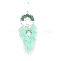 Retro Style Iron & Natural Green Aventurine Pendant Hanging Decoration, Woven Net/Web with Feather Wall Hanging Wall Decor, 160mm(PW-WG38430-04)