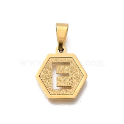 304 Stainless Steel Charms, Real 18K Gold Plated, Hexagon with Letter Charm, Letter E, 15x14x1.5mm, Hole: 3x5.5mm(STAS-H227-01G-E)