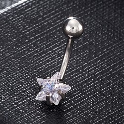 Piercing Jewelry, Brass Cubic Zirciona Navel Ring, Belly Rings, with 304 Stainless Steel Bar, Lead Free & Cadmium Free, Star, Clear, 20mm, Star: 8mm, Bar: 15 Gauge(1.5mm), Bar Length: 3/8"(10mm)(AJEW-EE0006-50A)