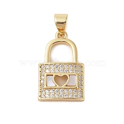 Brass Micro Pave Clear Cubic Zirconia Pendants, with Shell, Lock, Real 18K Gold Plated, 20x12.5x3.5mm, Hole: 4x3.5mm(KK-I712-47G)