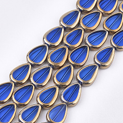 Electroplate Glass Beads Strands, Edge Plated, Teardrop, Blue, 16.5x11.5x5mm, Hole: 1mm, about 20pcs/strand, 12.9 inch(X-EGLA-S188-04C)
