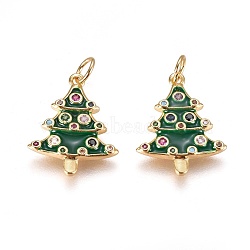 Brass Micro Pave Cubic Zirconia Pendants, with Enamel and Jump Ring, Christmas Tree, Green, Golden, 18.5x15x2mm, Hole: 3mm(ZIRC-I028-10G)