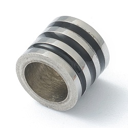 304 Stainless Steel Beads, with Enamel, Column with Stripe Pattern, Stainless Steel Color, Black, 6.5x6.5mm, Hole: 3.5mm(STAS-B009-02P-D)