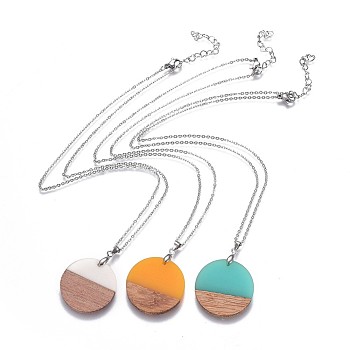 Flat Round Resin & Wood Pendant Necklaces, with 304 Stainless Steel Cable Chains and 304 Stainless Steel  Lobster Claw Clasps, Packing Box, Mixed Color, 17.1 inch(43.5cm)