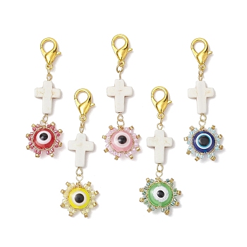 Seed Glass & Resin Evil Eye Pendant Decoration, with Synthetic Turquoise Cross and Alloy Lobster Claw Clasps, Mixed Color, 60~60.5mm, 5pcs/set