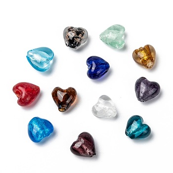 Handmade Silver Foil Glass Beads, for Mother's Day Gift Making, Heart, Mixed Color, 12x12x8mm, Hole: 1~2mm