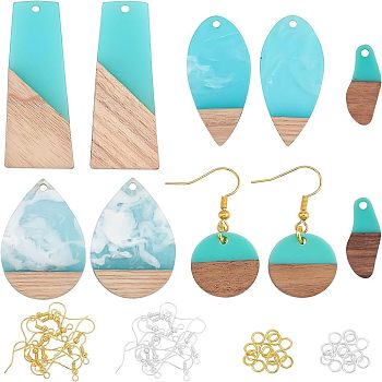 Olycraft Earring Making Kits, Including Resin & Walnut Wood Pendants, Brass Earring Hooks, Brass Jump Rings, Mixed Shapes, Cyan, 23x9x3mm, Hole: 1.8mm