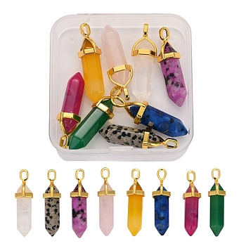 Natural Mixed Gemstone Pointed Pendants, with Alloy Finding, Golden, Bullet, Platinum & Golden, 37~40x12.5x10mm, Hole: 3x4.5mm, 8pcs/box