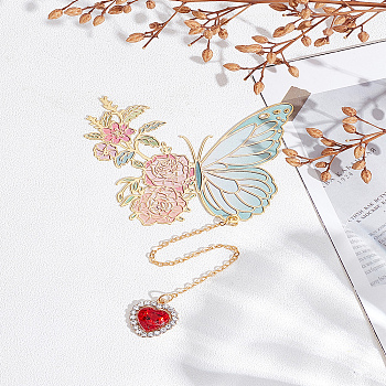 1Pc Iron & Alloy & Rhinestone Bookmarks with Long Chain, Butterfly Flower Bookmark with Heart Charm, Golden, 172mm