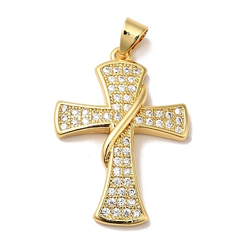 Rack Plating Brass Micro Pave Clear Cubic Zirconia Pendants, Cadmium Free & Nickel Free & Lead Free, Cross, Real 18K Gold Plated, 27.5x19.5x4mm, Hole: 4x3.5mm