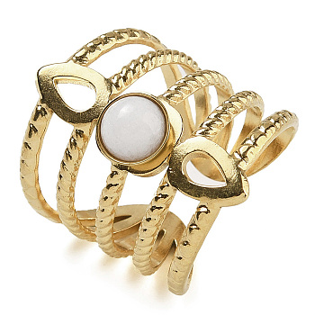 Natural White Jade Finger Rings, Teardrop 304 Stainless Steel Multi-layer Open Cuff Rings, Real 18K Gold Plated, 24mm, Adjustable