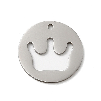 201 Stainless Steel Pendants, Stainless Steel Color, Laser Cut, Flat Round Charm, Crown, 18x1mm, Hole: 1.5mm