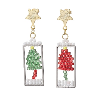 201 Stainless Steel Dangle Stud Earring, with Seed Glass, Christmas Tree, Mixed Color, 46x15mm