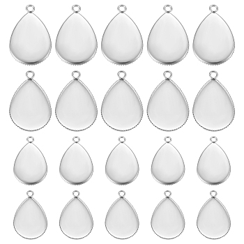304 Stainless Steel Pendant Cabochon Settings, Milled Edge Bezel Cups, Teardrop, Stainless Steel Color, 21~29x13.5~18.5x1.2~1.5mm, Hole: 2mm, 40pcs/box