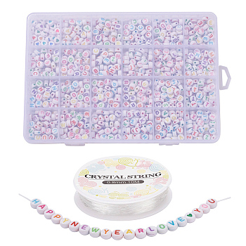 DIY Letter Bracelet Making Kit for Children's Day, Including Acrylic Flat Round & Heart Beads, Elastic Thread, White, Beads: 1200Pcs/Box