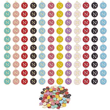120Pcs 12 Colors Golden Plated Alloy Charms, with Enamel, Enamelled Sequins, Flat Round with Letter, Letter.N, 14x12x2mm, Hole: 1.5mm, 10pcs/color