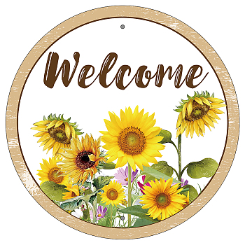 Vintage Metal Tin Sign, Iron Wall Decor for Bars, Restaurants, Cafes Pubs, Flat Round, Colorful, Word Welcome, Sunflower Pattern, 300x300x0.3mm