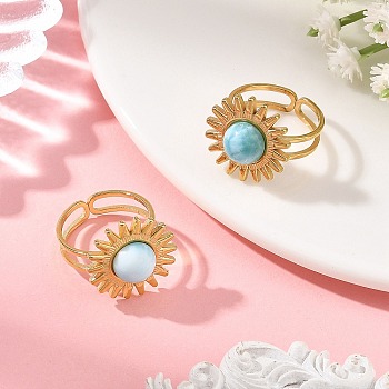 Natural Larimar Cabochons & Stainless Steel Cuff Open Rings, Sun, Golden, 17mm