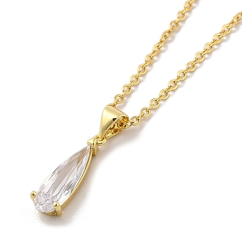 304 Stainless Steel Pendant Necklaces, Brass Micro Pave Clear Cubic Zirconia Pendant Necklaces, Teardrop, 17.52 inch(44.5cm) Pendant: 18x6mm