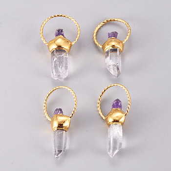 Natural Gemstone Pointed Pendants, Natural Amethyst & Quartz Crystal, with Brass Loop, Prismatic, Golden, 39~53x21~22x9~11mm, Hole: 18~19mm