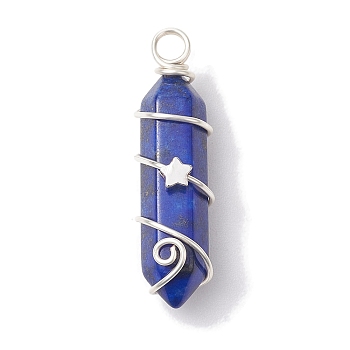 Natural Lapis Lazuli Double Terminal Pointed Pendants, Faceted Bullet Charms with Star Copper Wire Wrapped, Silver, 36~37x10~10.5x11mm, Hole: 3.5mm