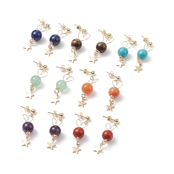 7 Pairs 7 Style Natural Mixed Gemstone Beaded Dangle Stud Earrings, Heart & Star 304 Stainless Steel Drop Earrings for Women, Golden, 40mm, Pin: 0.7mm, 1 Pair/style