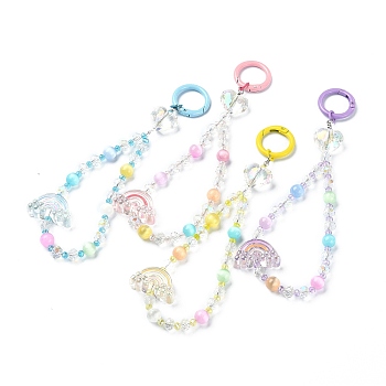 Rainbow Electroplate Transparent Glass Beaded Pendant Keychain, with Alloy Spring Gate Rings and Natural Selenite Beads, Mixed Color, 17cm