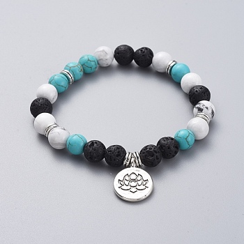 Buddhist Theme Synthetic Turquoise, Natural Lava Rock, Howlite Round Beads Stretch Bracelets, with Tibetan Style Alloy Flat Round Pendants and Beads, Lotus, 2-1/8 inch(5.5cm)