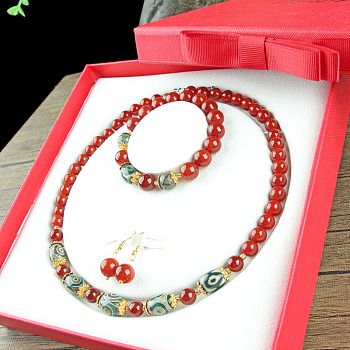 Natural Dragon Bone Stone Round Beaded Necklaces & Beaded Bracelets & Dangle Earrings Sets, 475~500mm